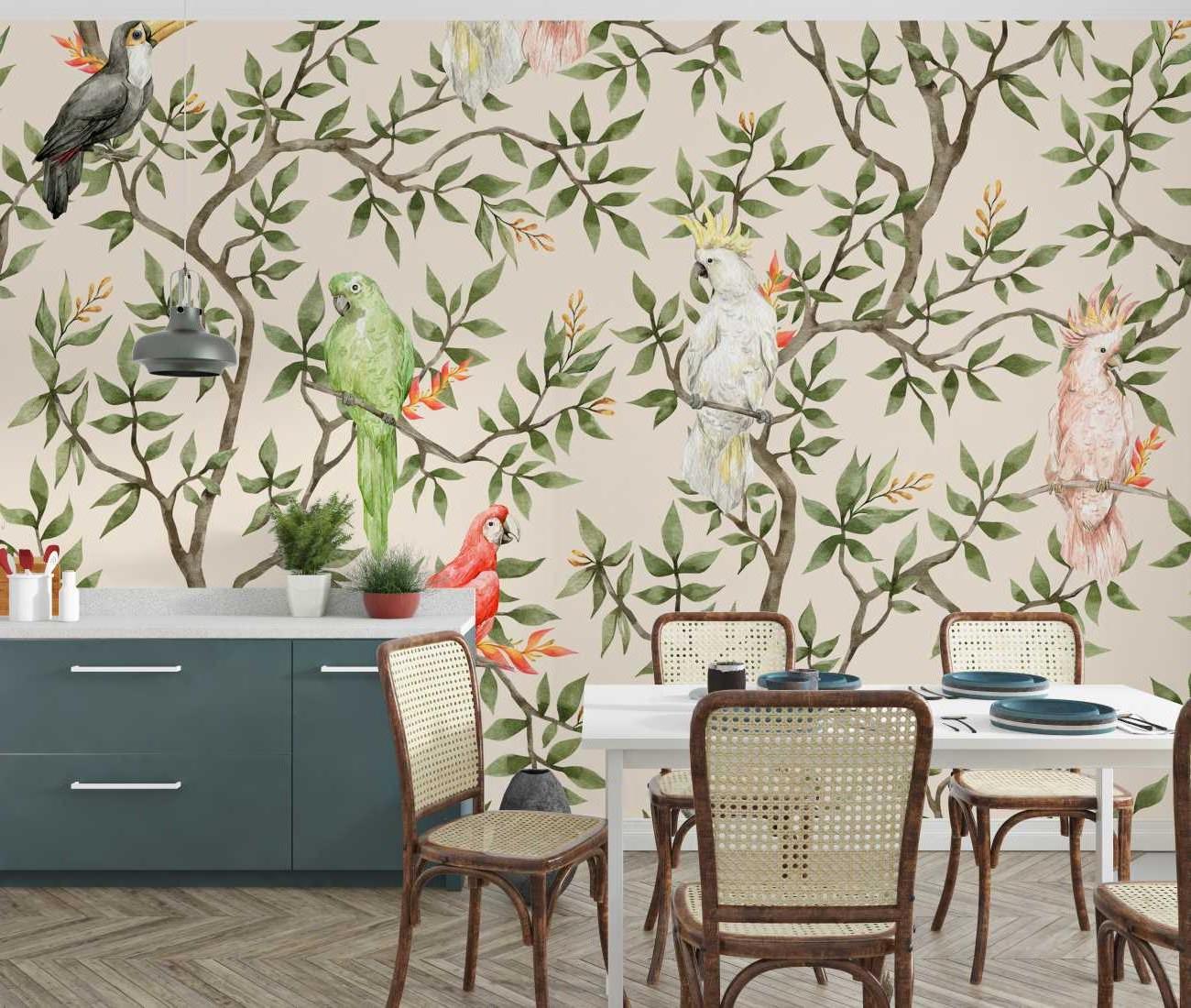 Tropical birds wallpaper creating a stunning focal point in a bright living room with modern furniture