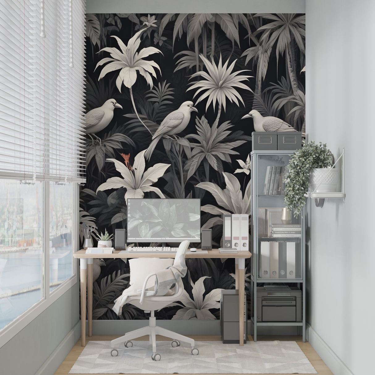 Elegant bird wallpaper transforming a home office with its sophisticated monochrome design