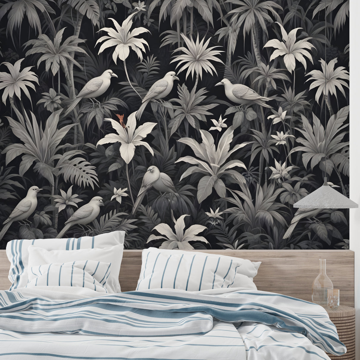Tropical paradise mural creating a calm atmosphere in an entryway with modern furniture