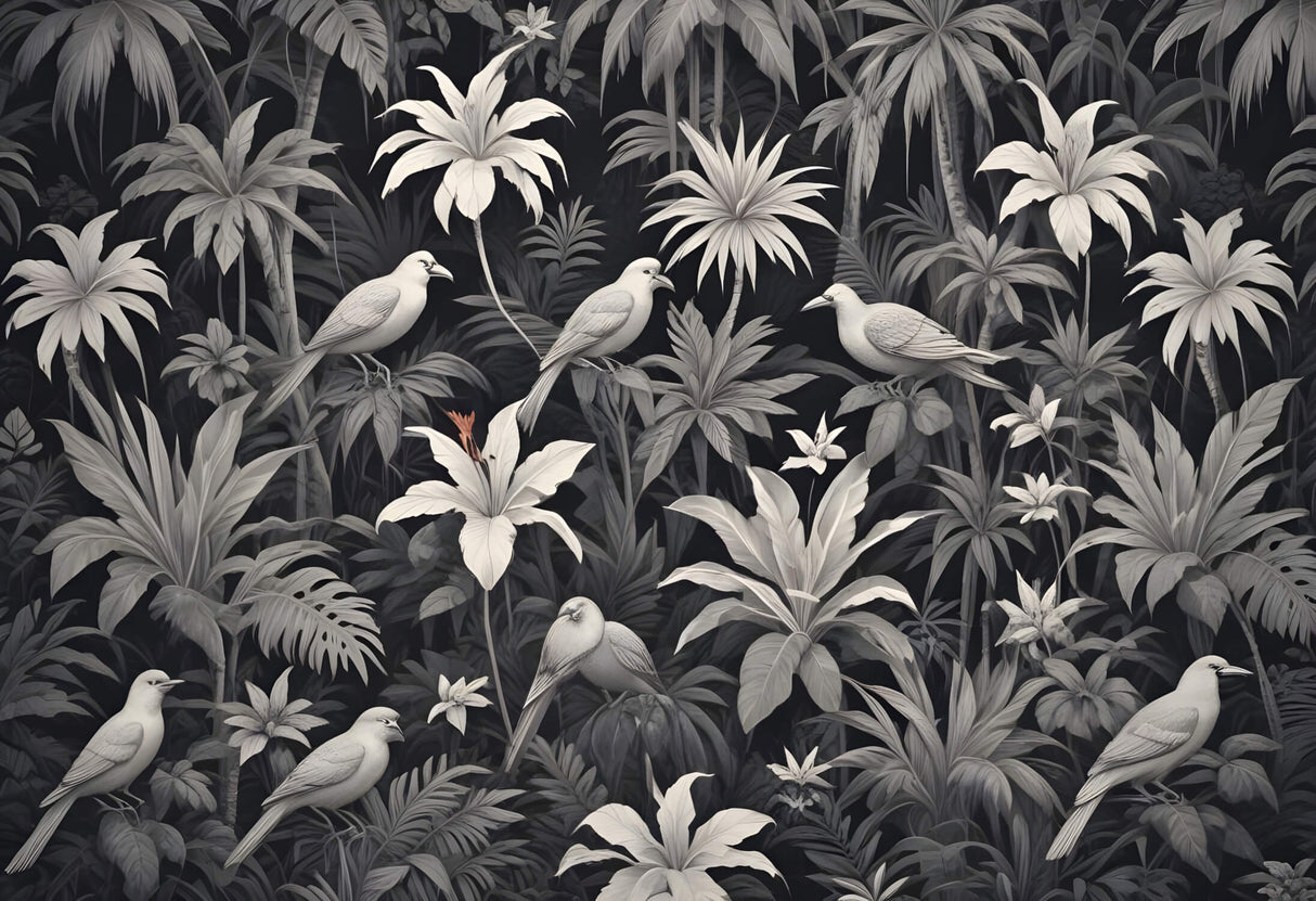 Design file showing detailed black and white tropical birds pattern with elegant palm leaves and exotic flora