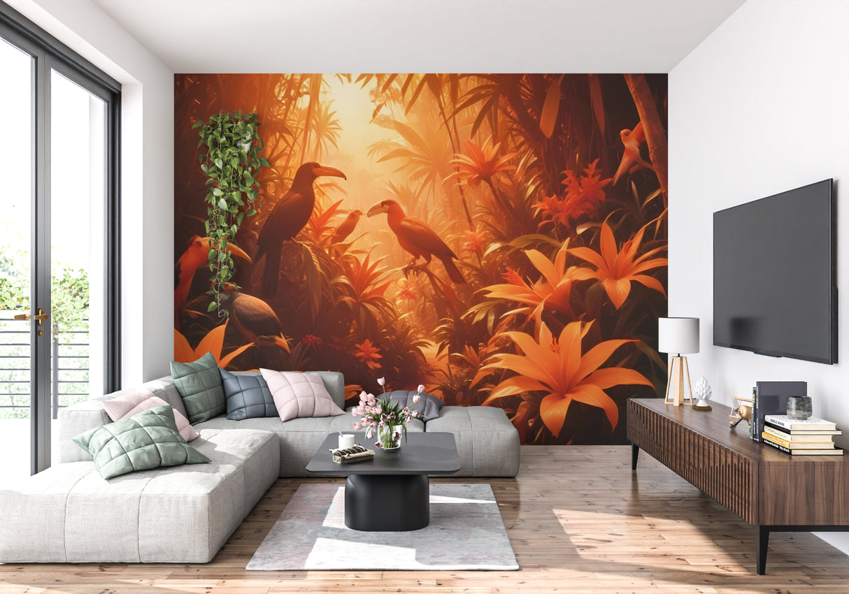 Tropical birds wallpaper bringing warmth to a modern living room with orange sunset glow