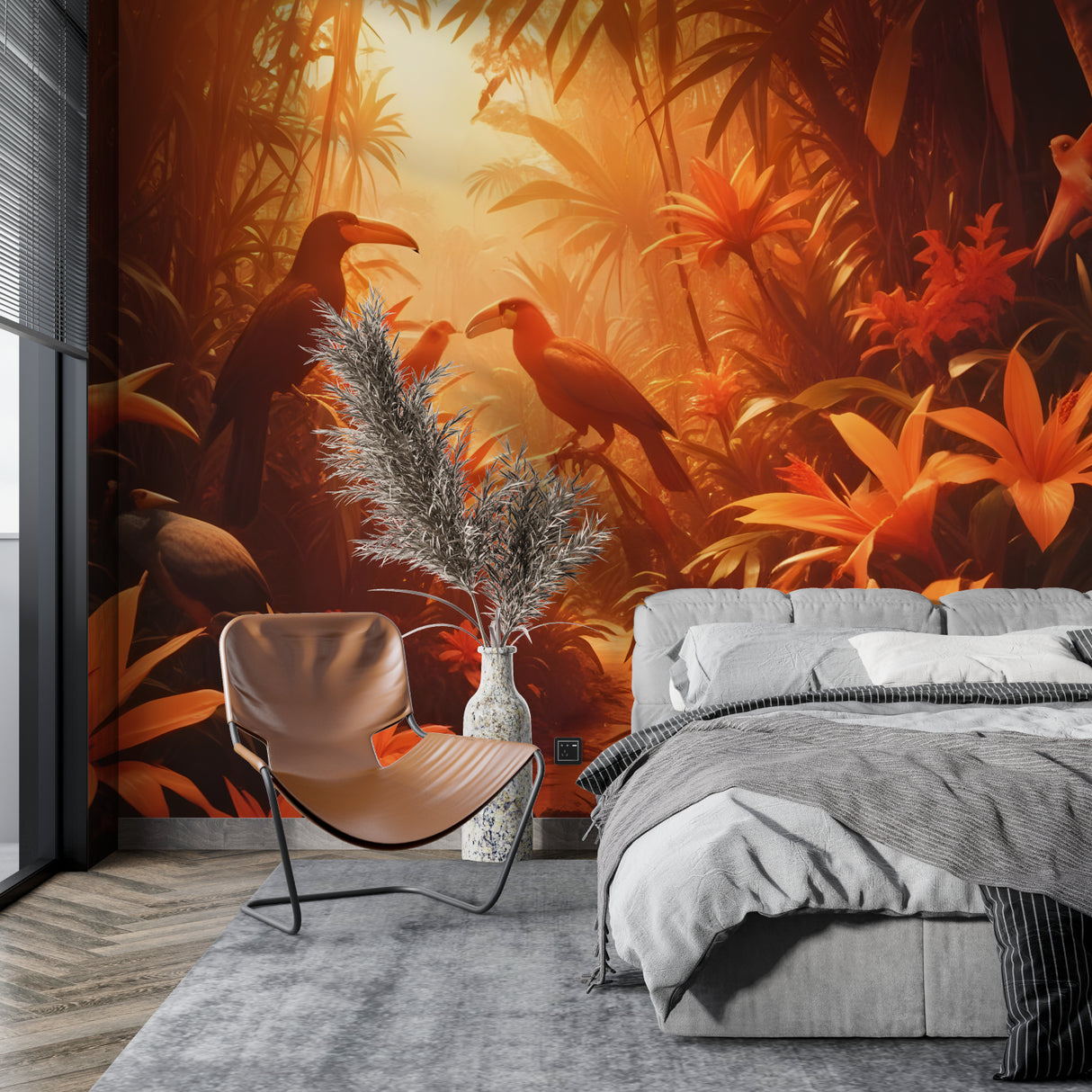 Exotic birds wallpaper transforming home office with warm sunset tones
