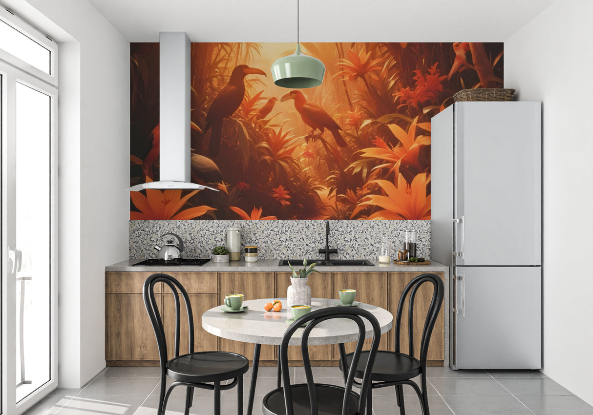 Tropical sunset mural adding depth to hallway with bird silhouettes