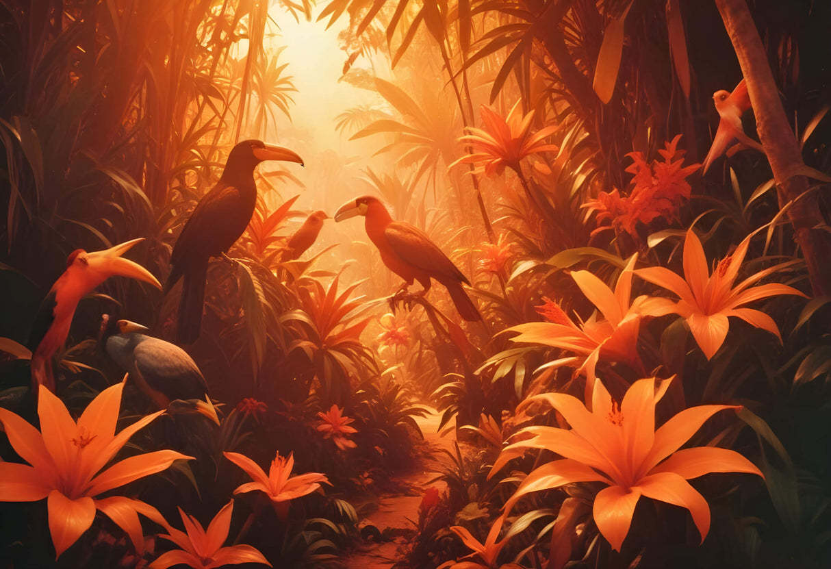 Tropical birds and orange sunset design file showing intricate jungle pattern