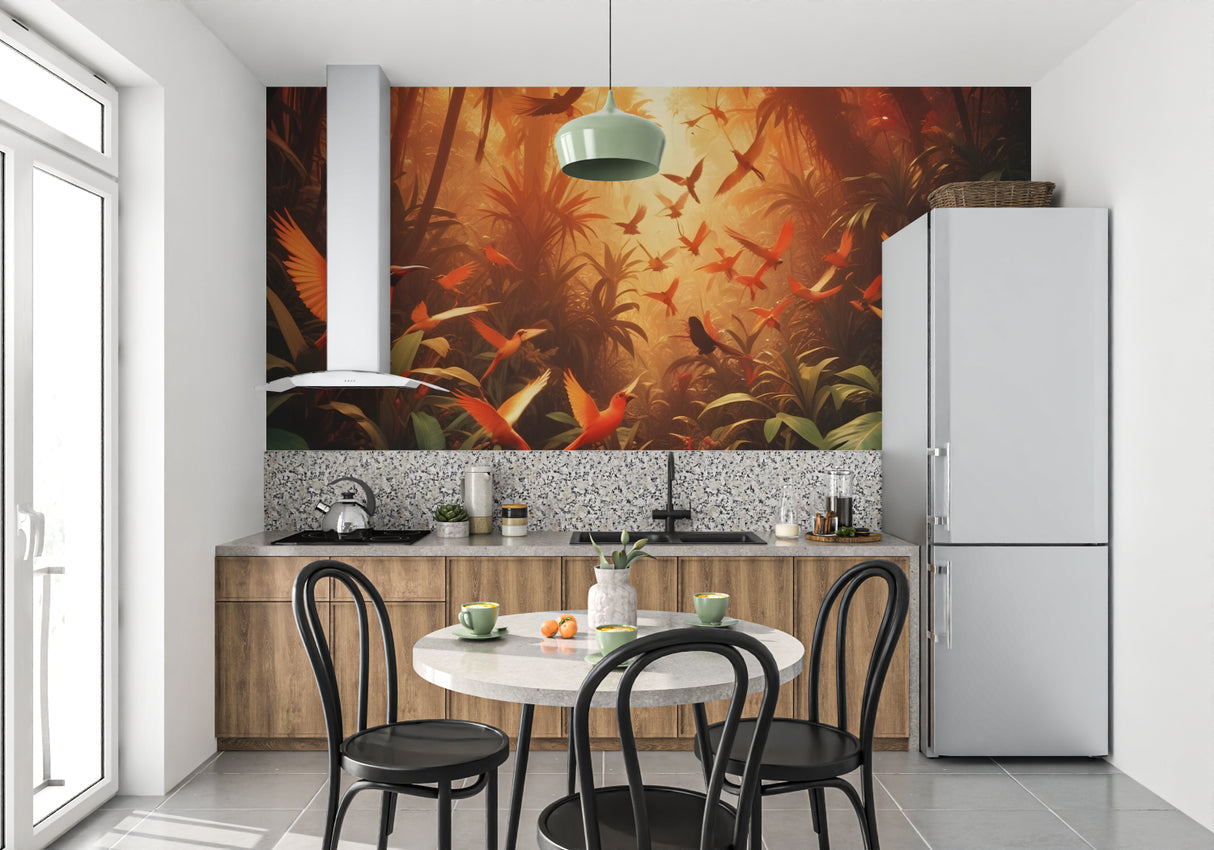 Tropical birds wallpaper creating a warm ambiance in a modern living room with orange sunset glow