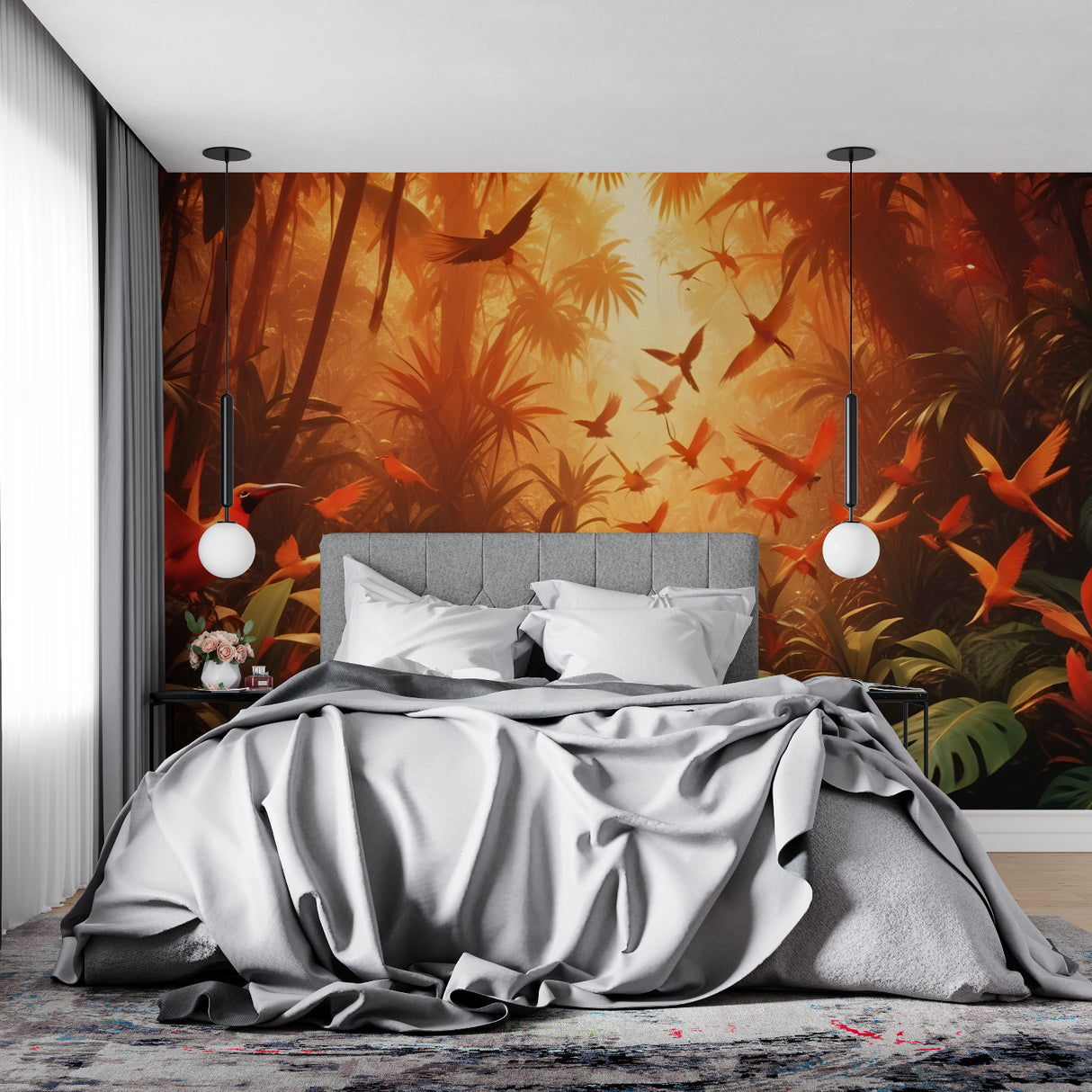 Orange sunset birds mural in a cozy bedroom setting with natural light