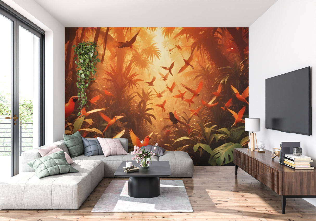 Tropical jungle wallpaper featuring birds in an elegant dining room setup