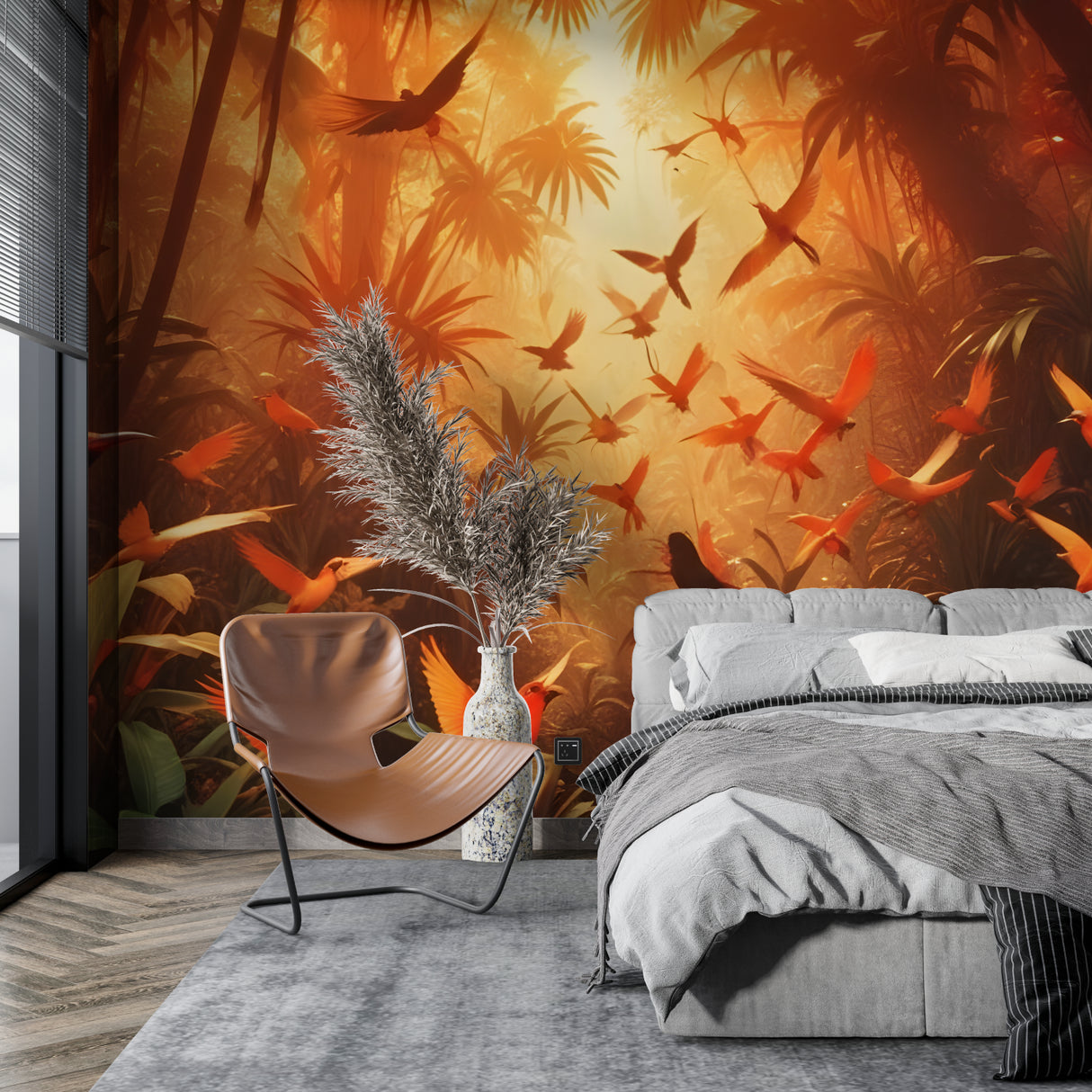 Sunset jungle mural making a statement in a modern office space