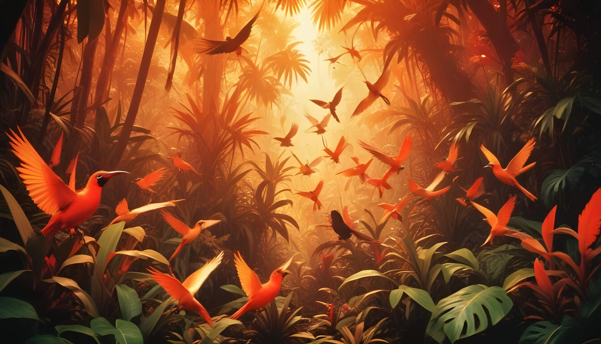 Design file of tropical birds soaring through orange sunset jungle pattern