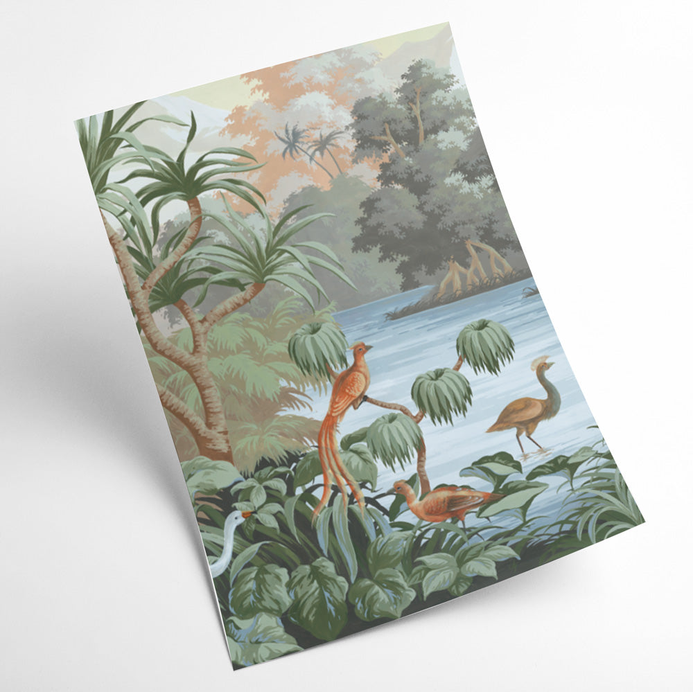 Tropical birds wallpaper design file showing paradise lake scene with exotic birds and palm trees in natural colors
