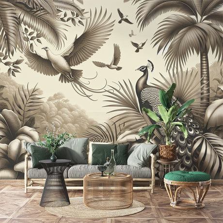 Tropical birds wallpaper with sepia peacocks creating an elegant atmosphere in a modern dining room with warm lighting