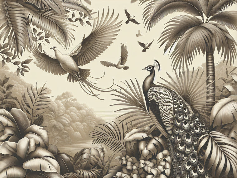 Sepia peacock paradise design file showing intricate bird and palm frond pattern details