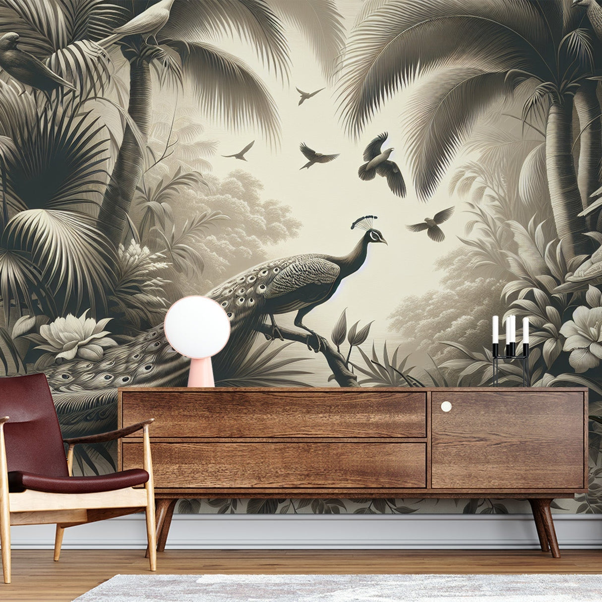 Tropical bird wallpaper with peacock creating an elegant atmosphere in a modern living room with soft lighting