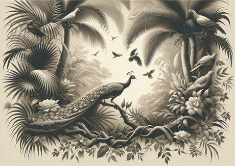Sepia peacock paradise design file showing detailed tropical birds and flora pattern