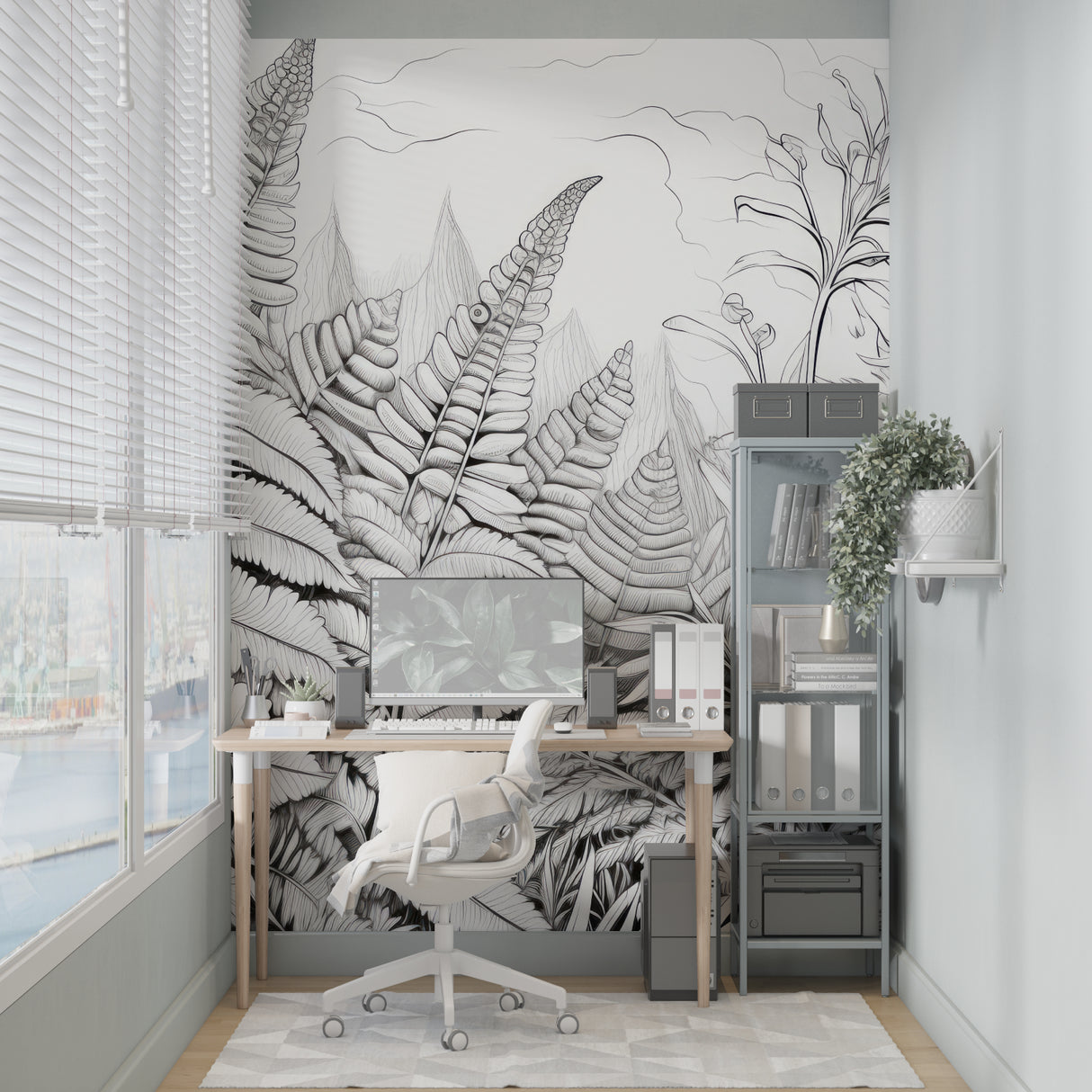 Black and white fern wallpaper creating a sophisticated atmosphere in a modern living room