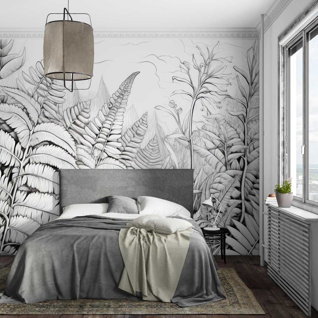 Botanical line art mural adding elegance to a minimalist bedroom space