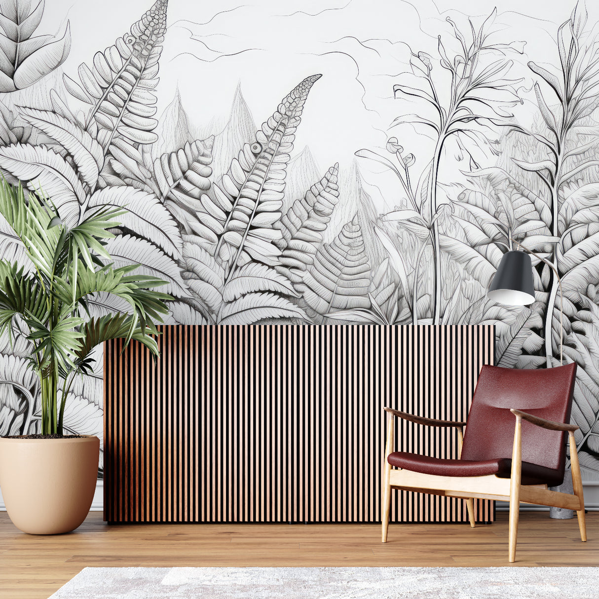 Monochrome fern wall mural bringing nature into a contemporary home office