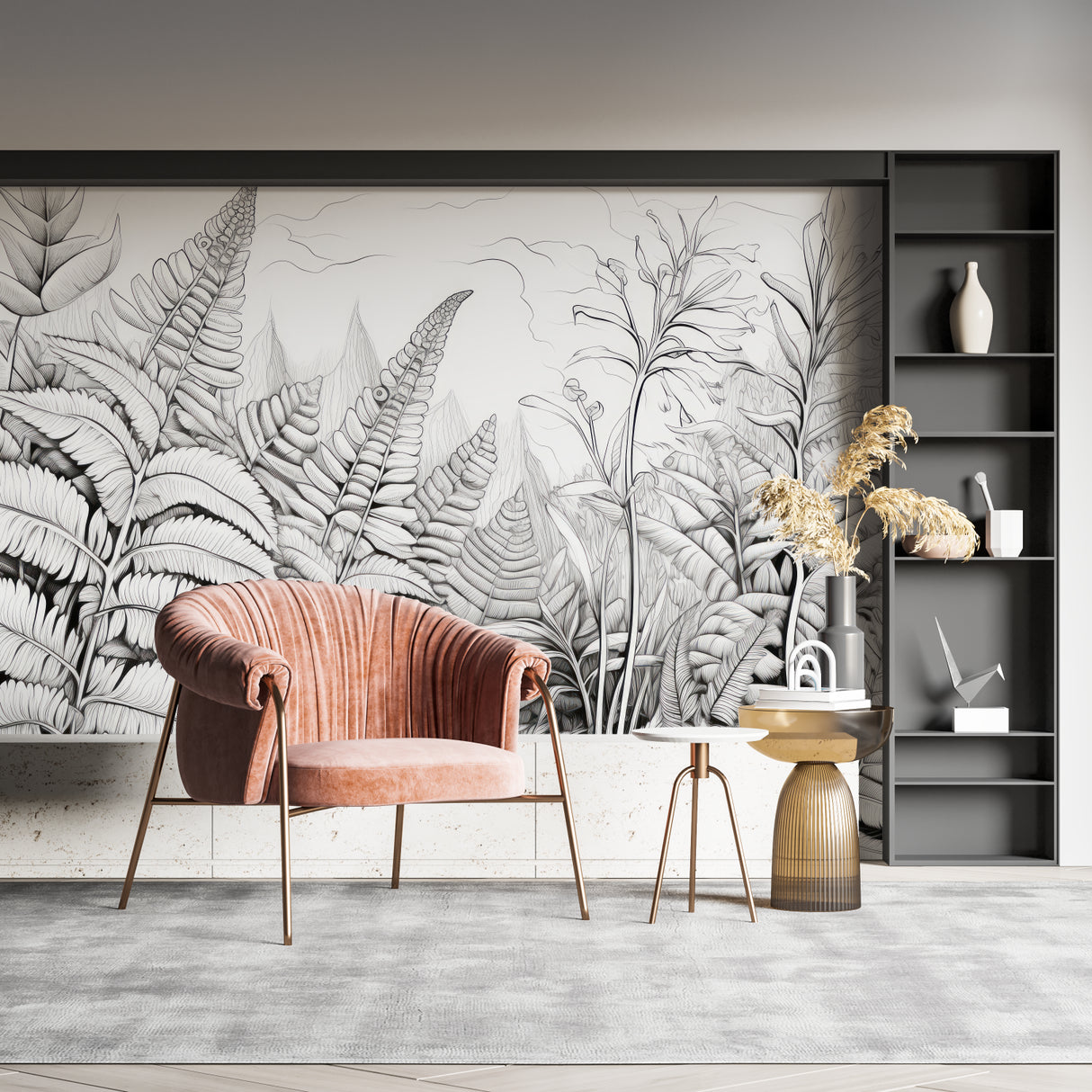 Tropical fern mural creating depth in a modern entryway