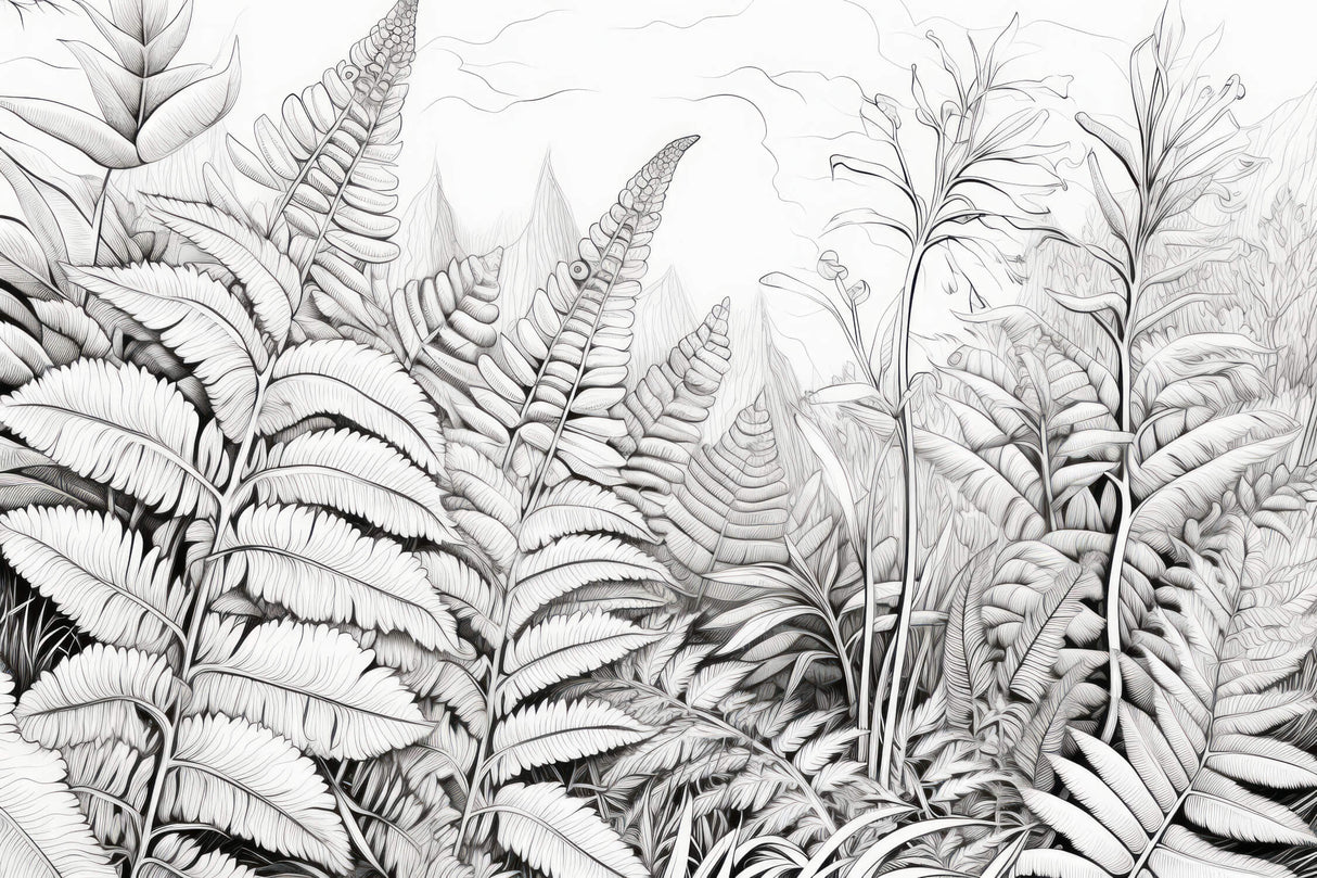 Design file showing detailed black and white fern pattern with mountain silhouettes