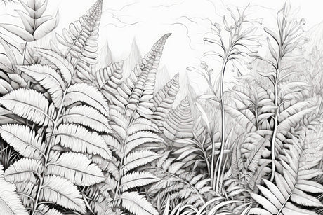 Design file showing detailed black and white fern pattern with mountain silhouettes