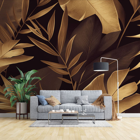 Tropical gold leaf wallpaper in modern dining room creating luxurious atmosphere with black and metallic accents