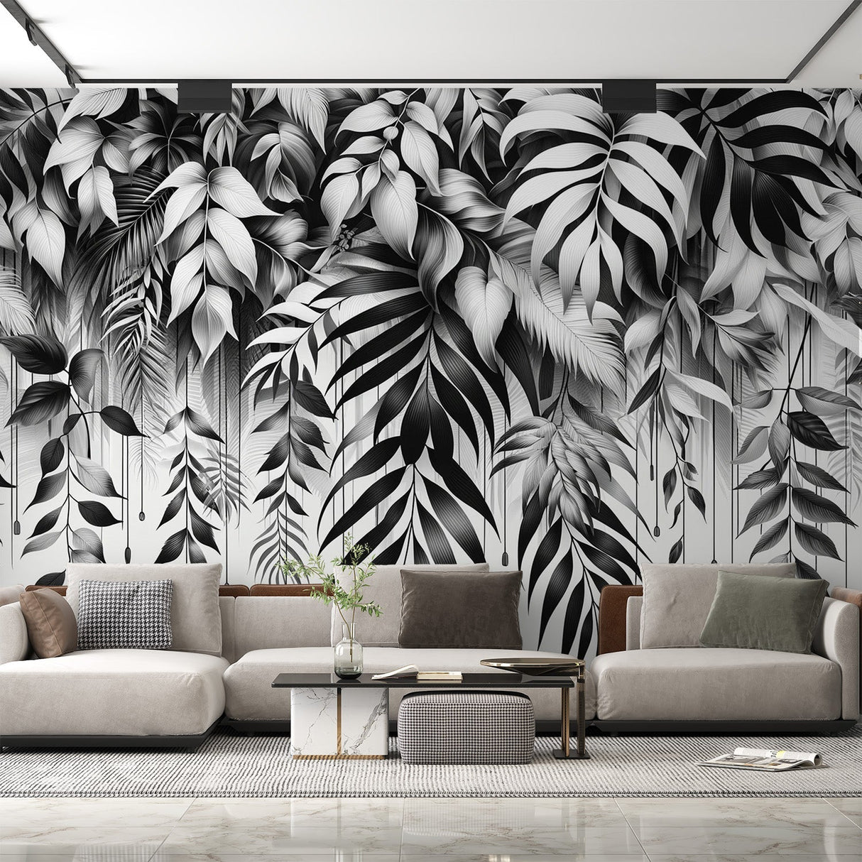 Black and white tropical leaf wallpaper creating depth in a modern living room with natural light and minimalist furniture