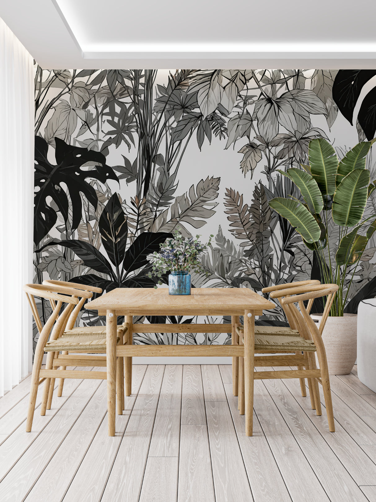 Monochrome botanical mural adding sophistication to a master bedroom with gray bedding