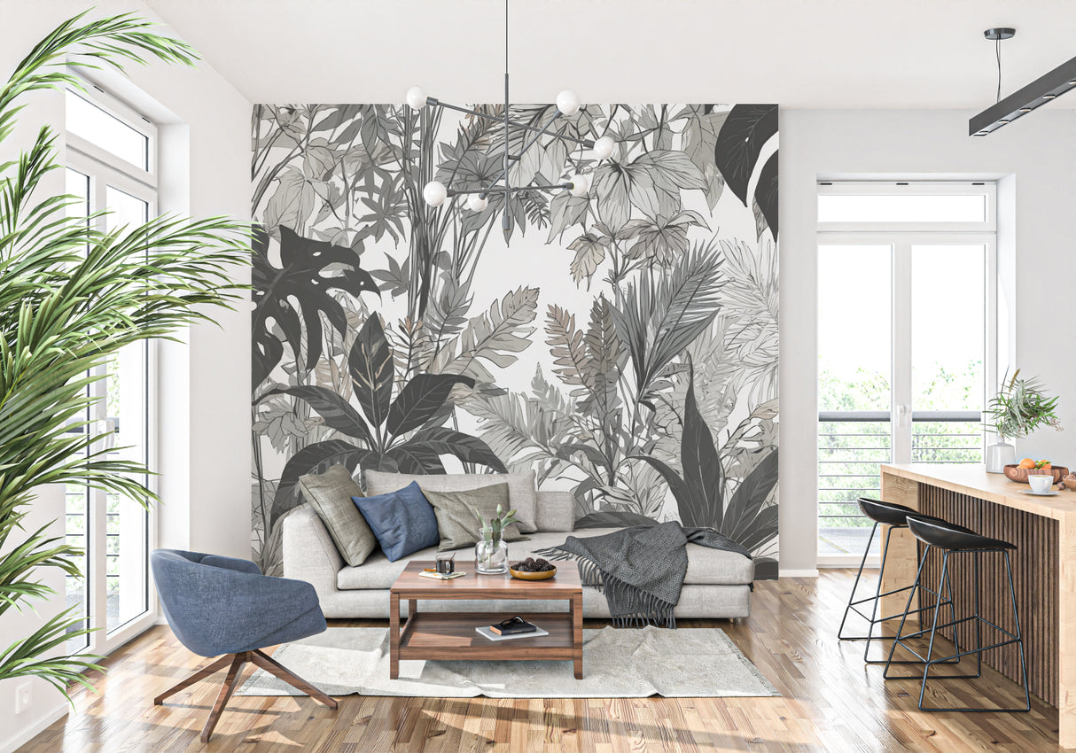 Tropical leaf wallpaper making a statement in a contemporary dining room with black furniture