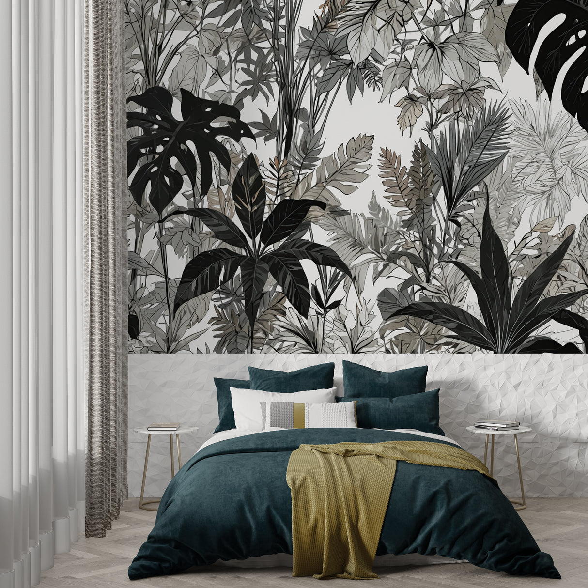 Black and white botanical wall mural enhancing a minimalist home office space