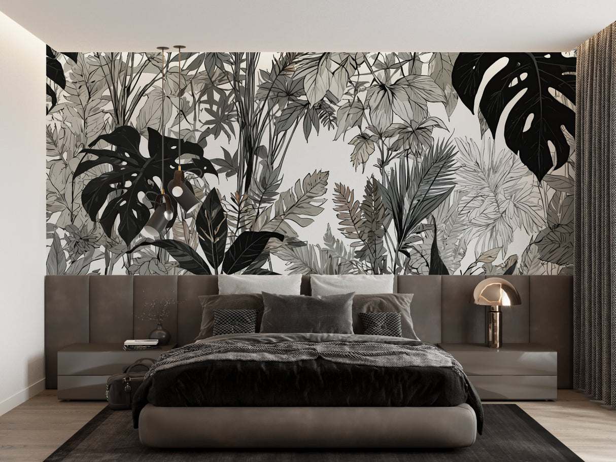 Modern botanical wallpaper creating depth in an elegant entrance hallway