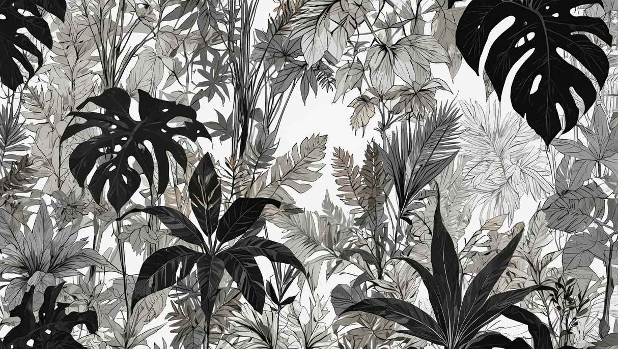 Detailed design file of black and white tropical leaves pattern with intricate botanical illustrations