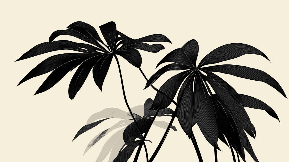 Black tropical leaves on beige background design file showing detailed palm fronds pattern