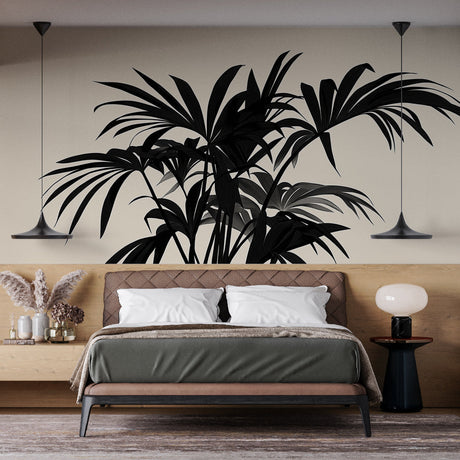 Tropical palm leaf wallpaper in modern living room, black palm leaves on beige creating dramatic natural focal point