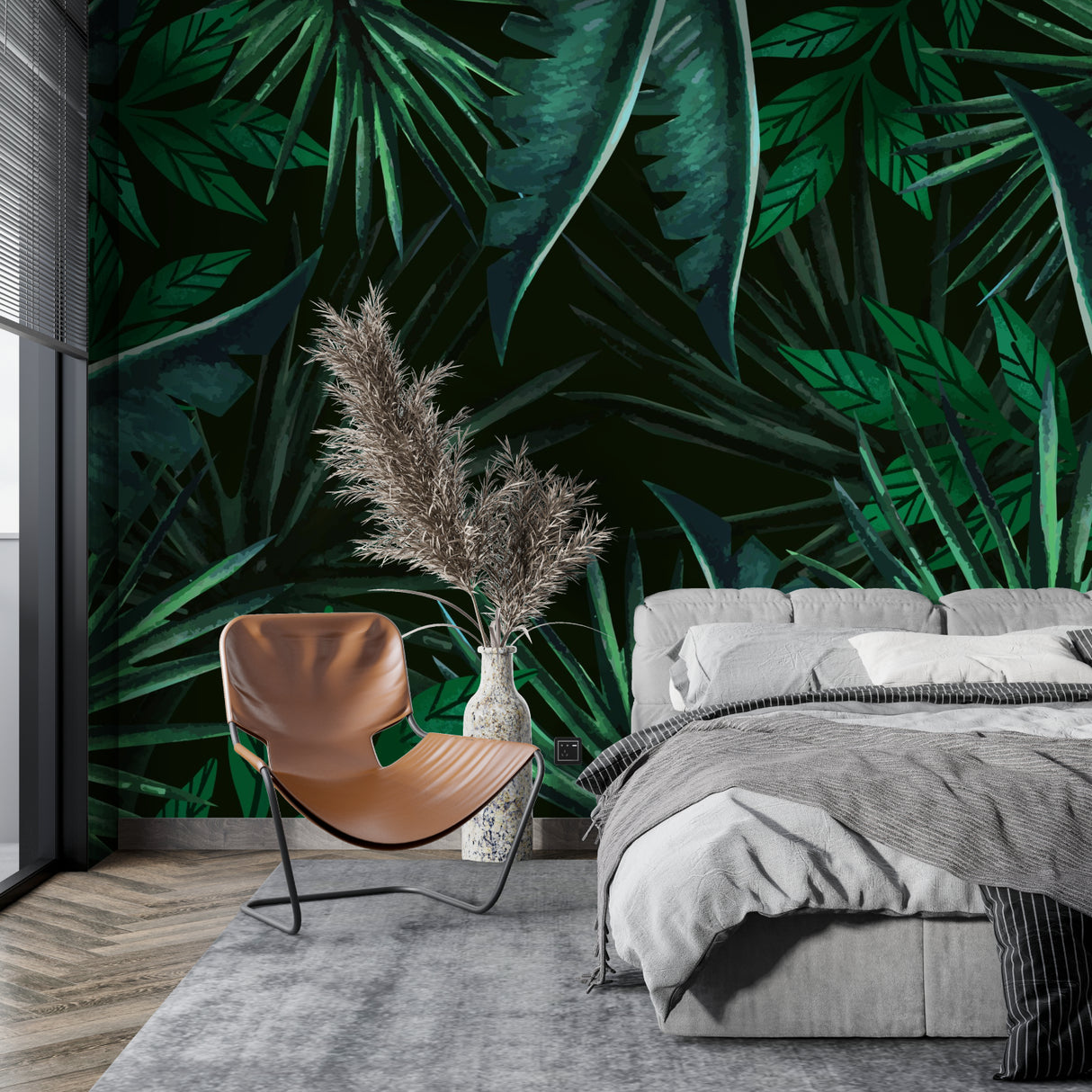 Tropical palm leaf wallpaper creating a stunning accent wall in a modern living room with clean furniture