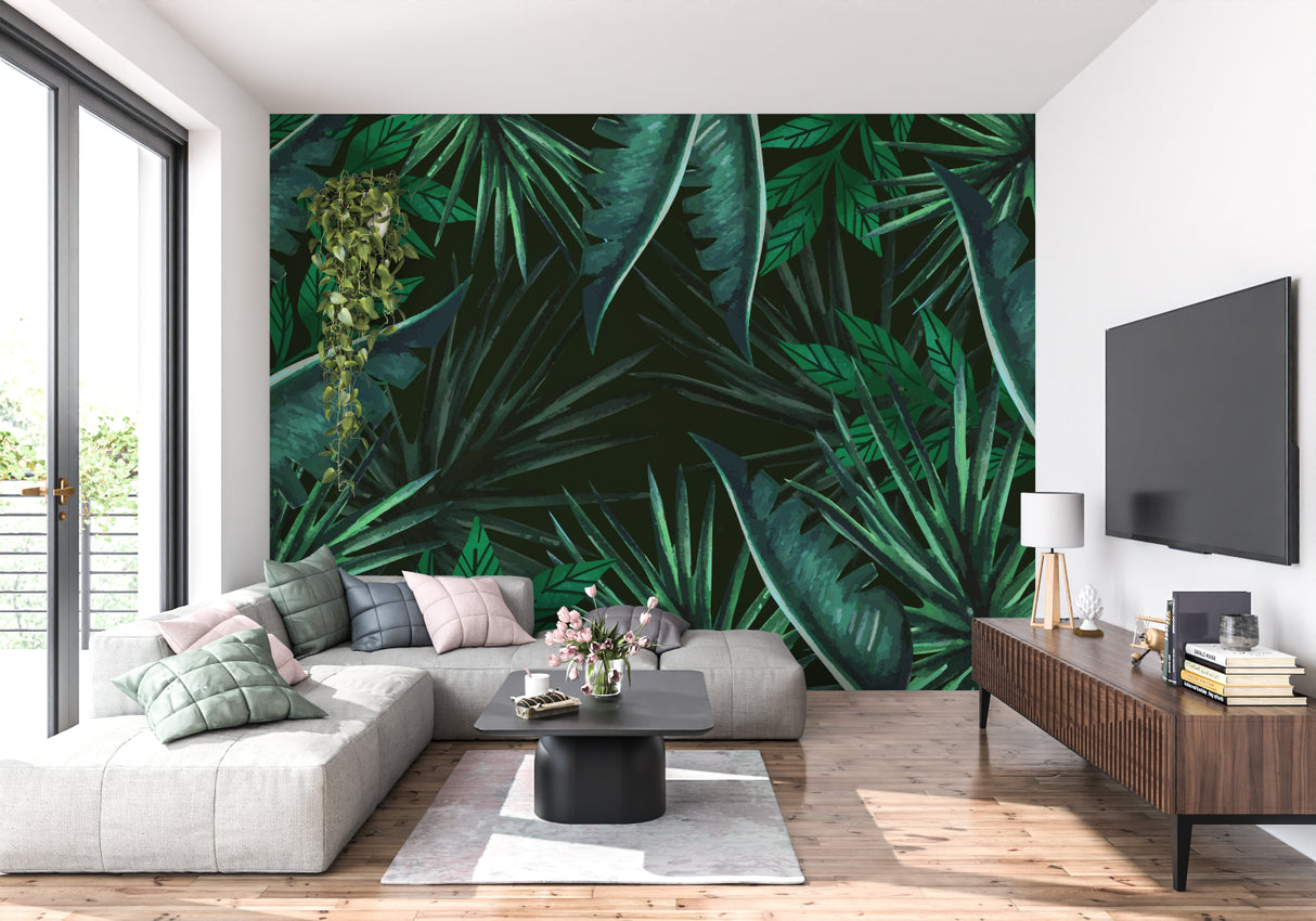 Dark green palm leaves wallpaper in a cozy bedroom setting with natural light
