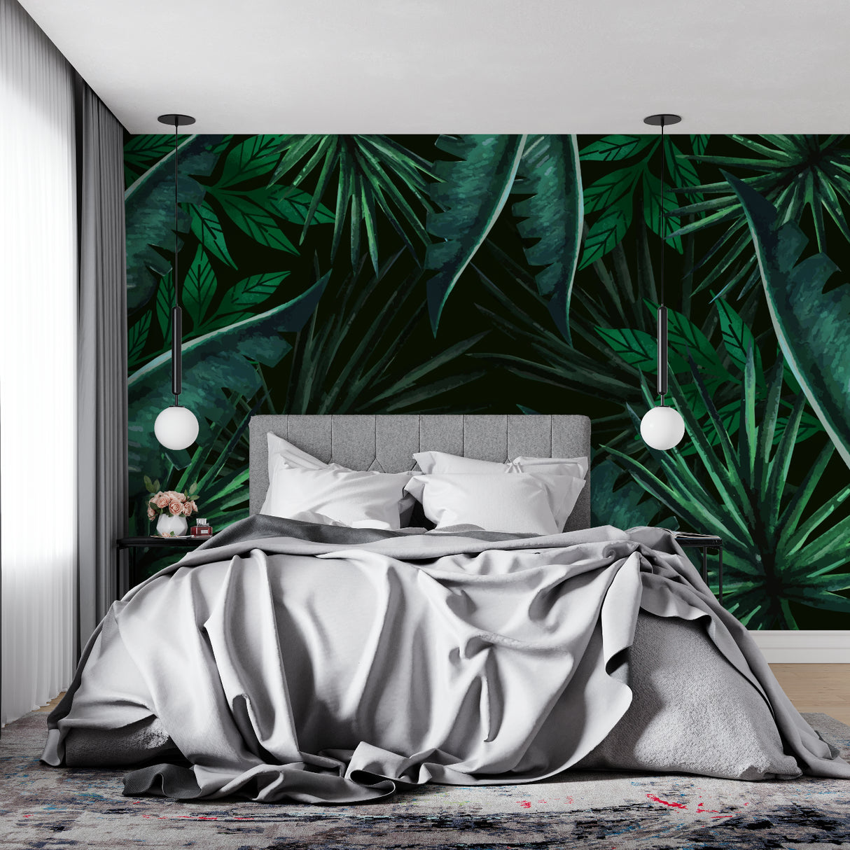 Botanical wall mural showcased in a stylish dining room with minimal decor