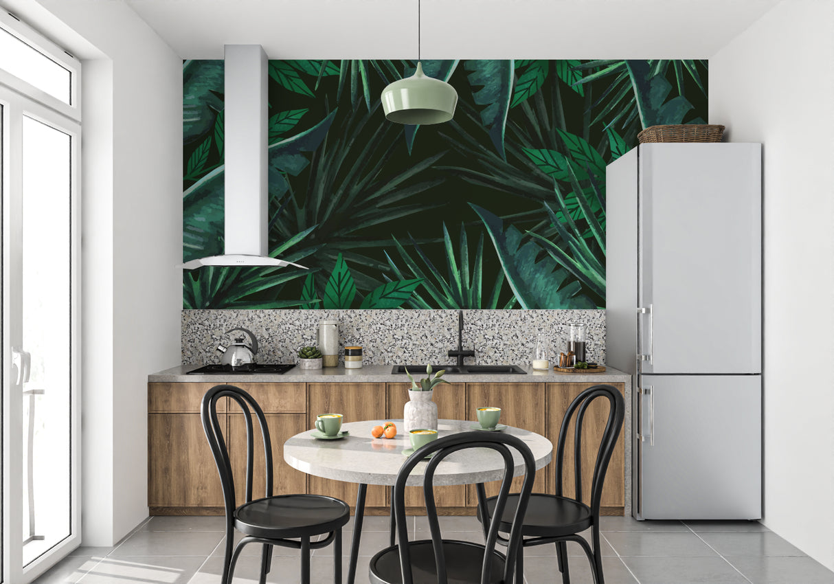 Palm leaves mural adding depth to a contemporary bathroom design