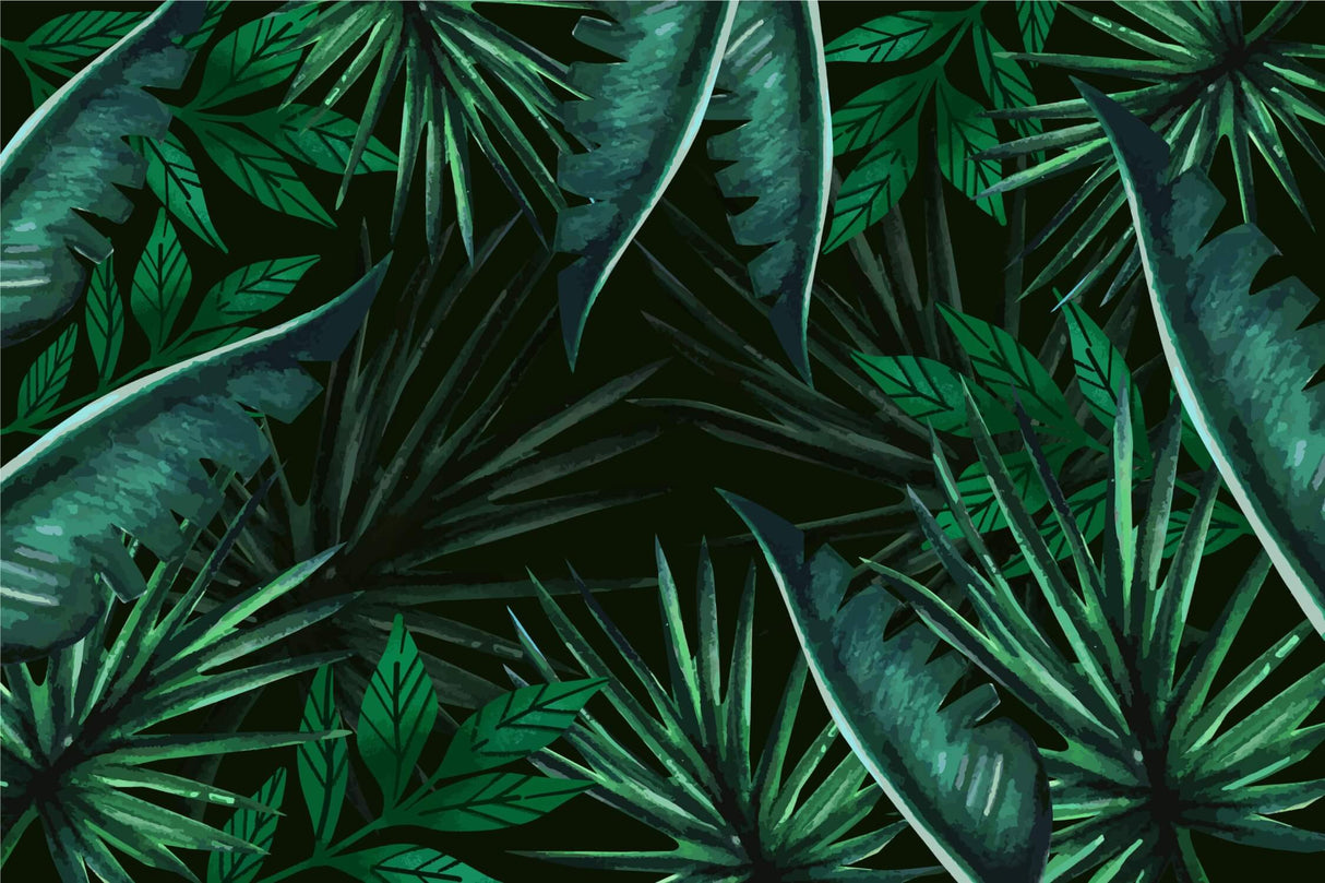 Design file of dark green palm leaves pattern on black background