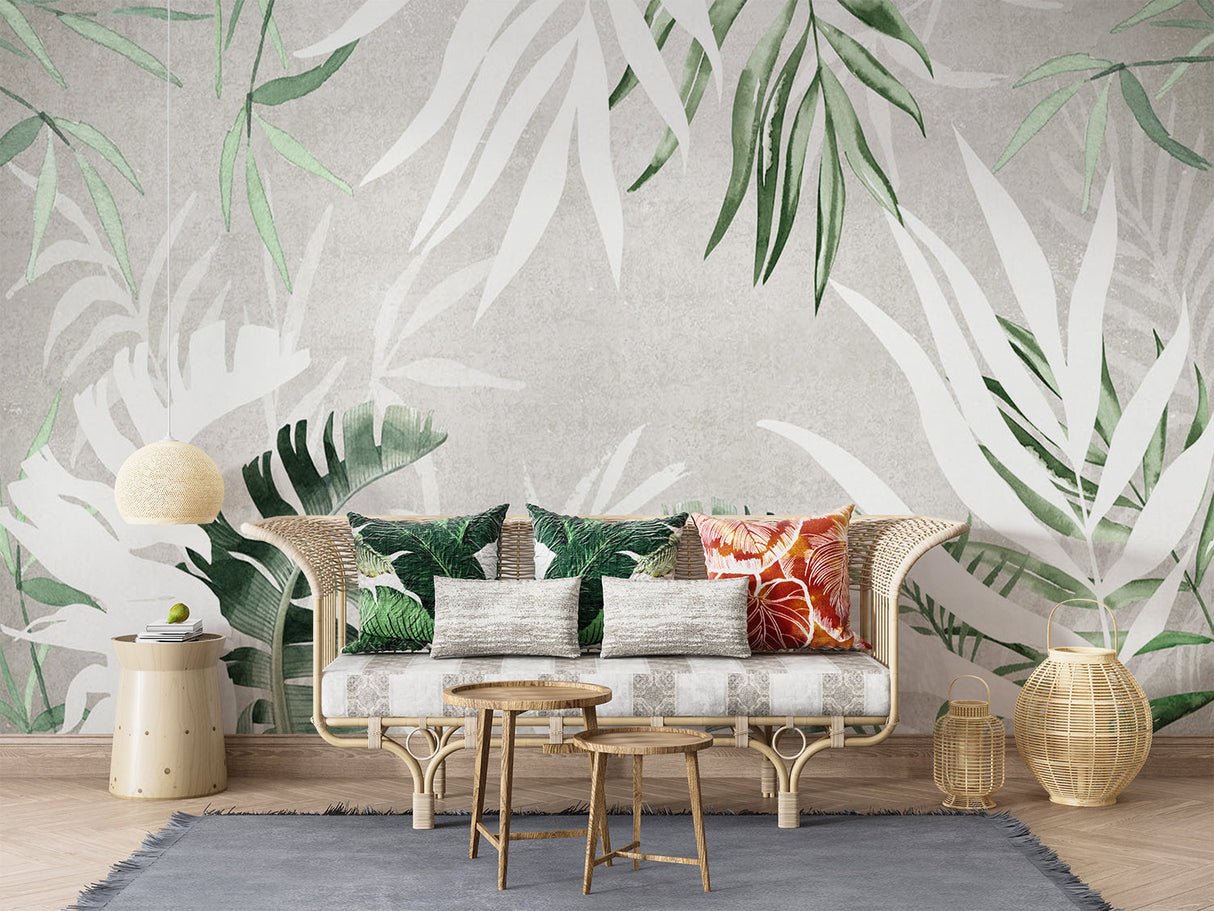 Monstera leaf wallpaper bringing nature into a bright bedroom setting