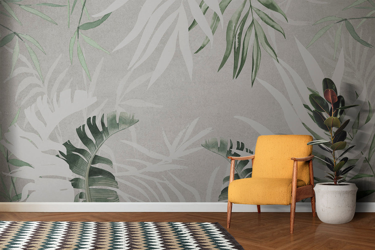 Green and white botanical wallpaper in a cozy home office space