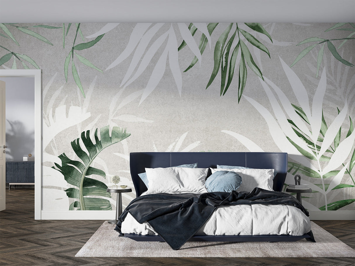 Tropical palm leaf mural making a statement in dining room