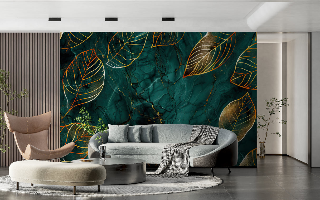 Tropical gold leaf wallpaper in modern dining room with emerald green and metallic accents