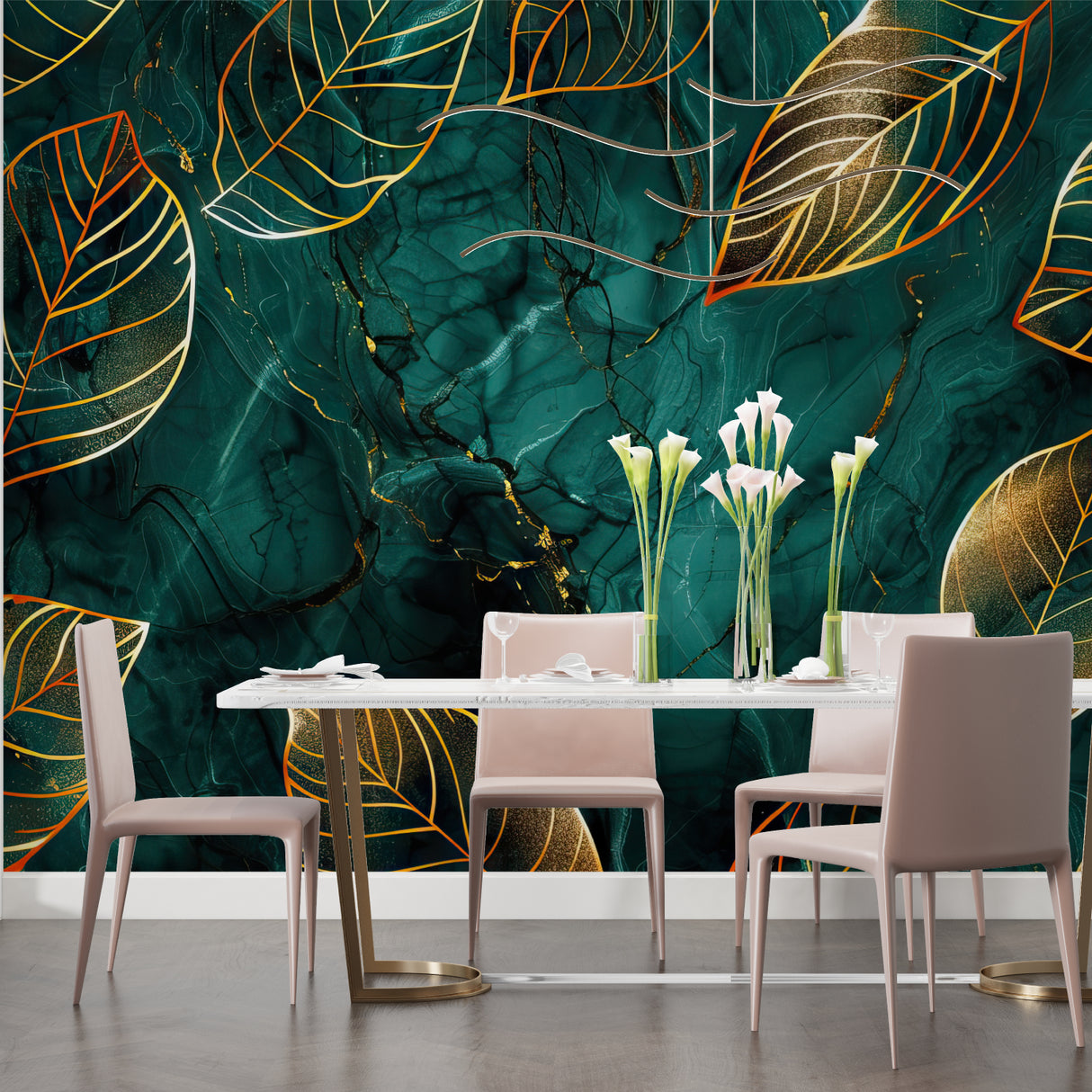 Luxury master bedroom with emerald and gold leaf wall mural creating a bold statement wall