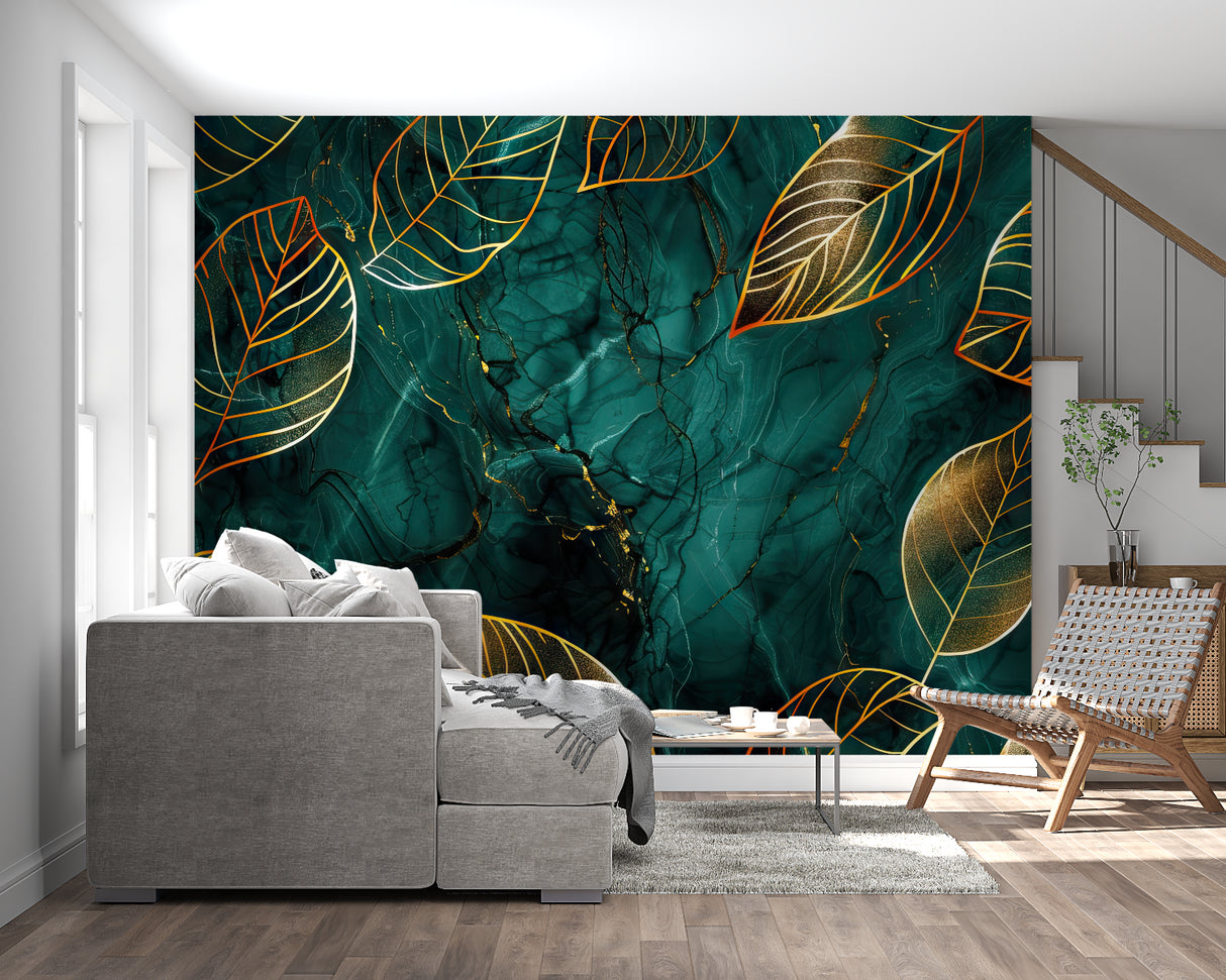 Living room with emerald green tropical wallpaper showing golden leaf details in evening light