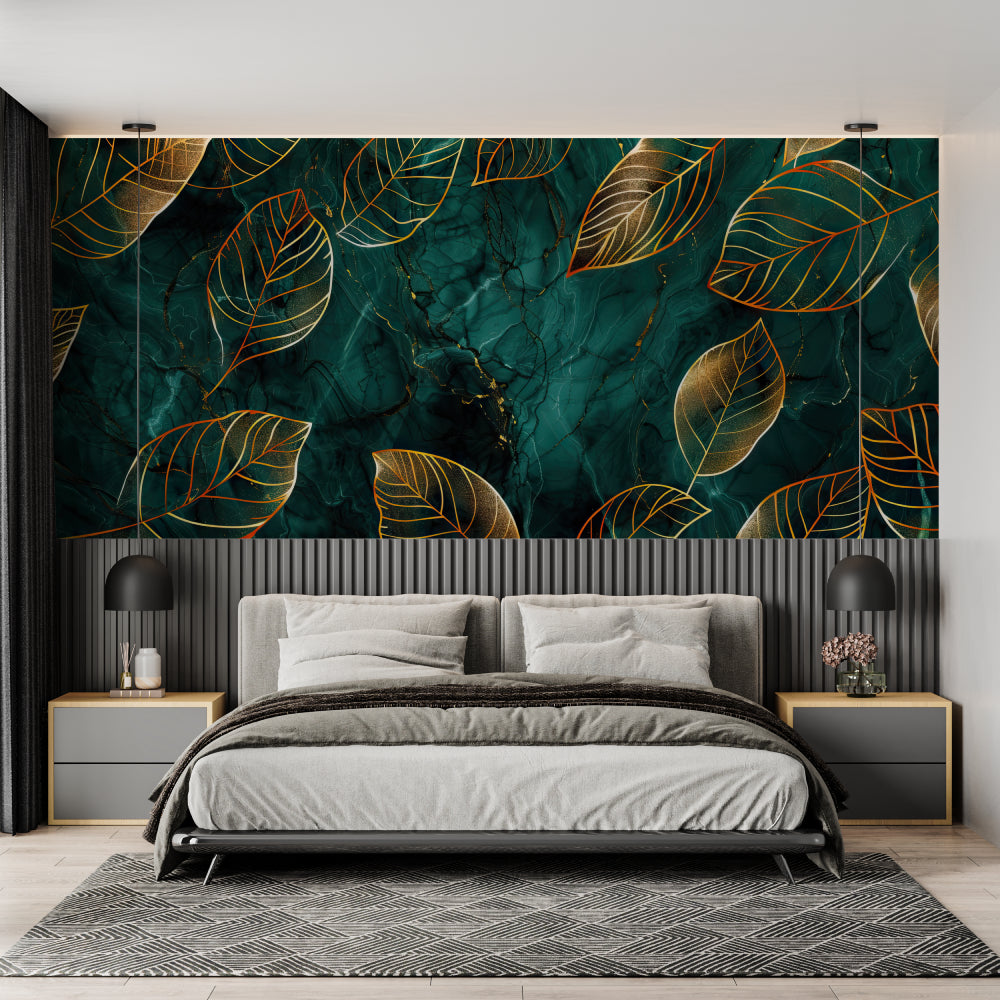 Entryway decorated with green and gold tropical leaf mural creating warm welcome