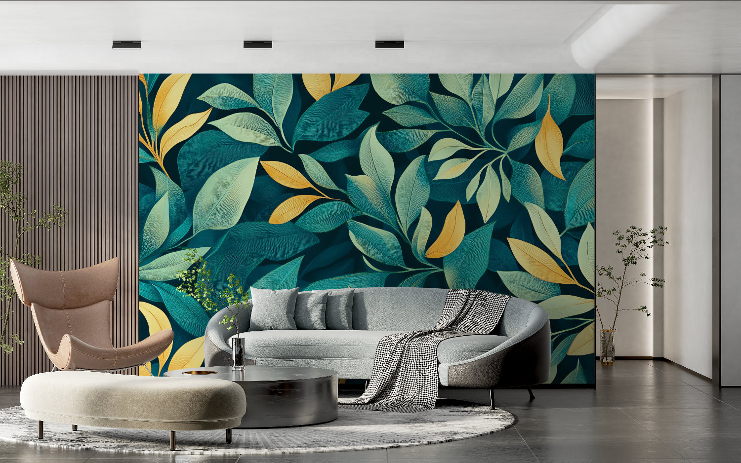 Botanical wallpaper in dining room showing lush green foliage pattern with gold details