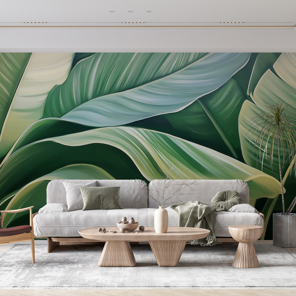 Tropical leaf wallpaper creating a calm atmosphere in a modern living room with natural light and minimal furniture