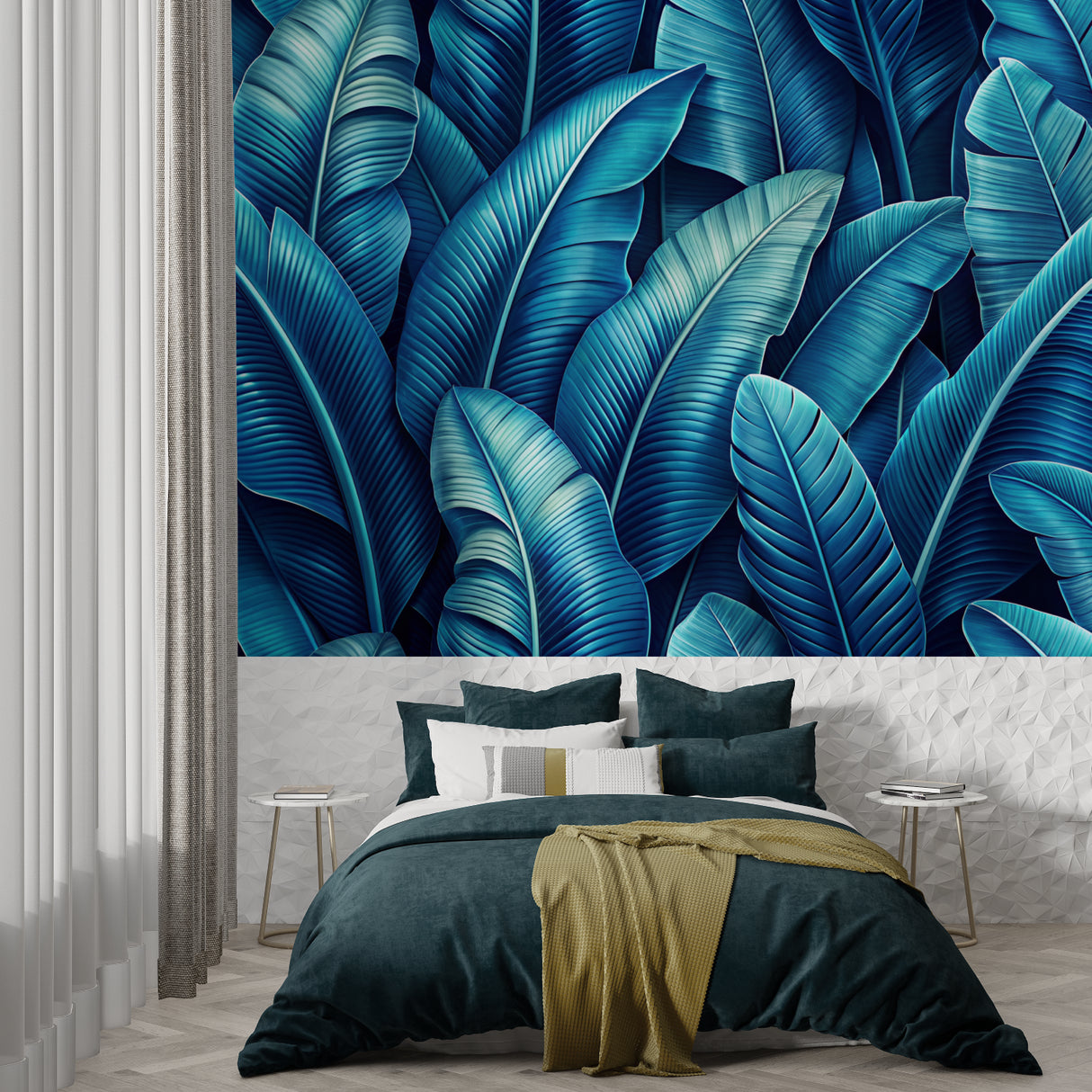 Blue banana leaf wallpaper creating calm atmosphere in master bedroom