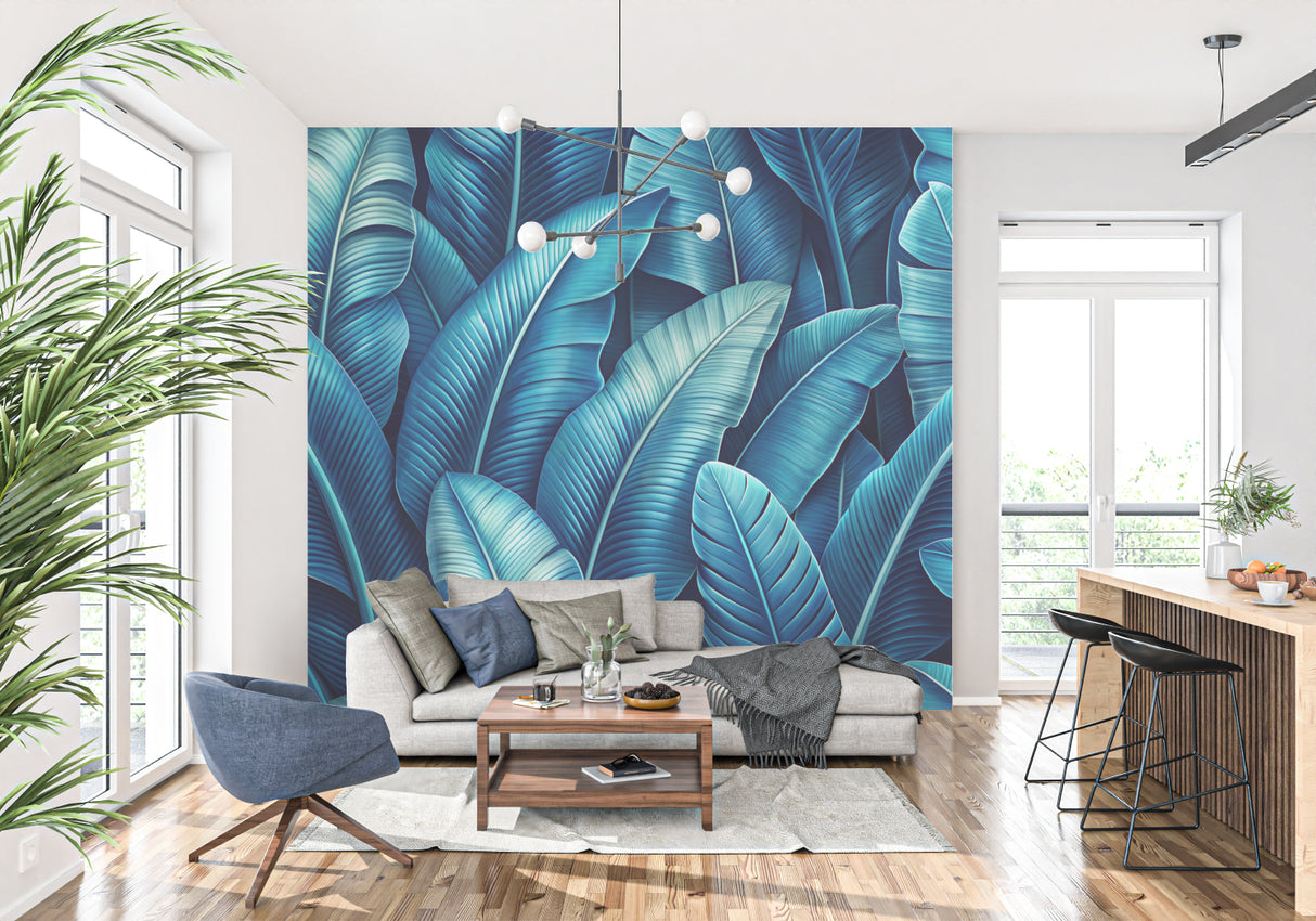 Tropical banana leaf mural in blue tones brightening hotel lobby space