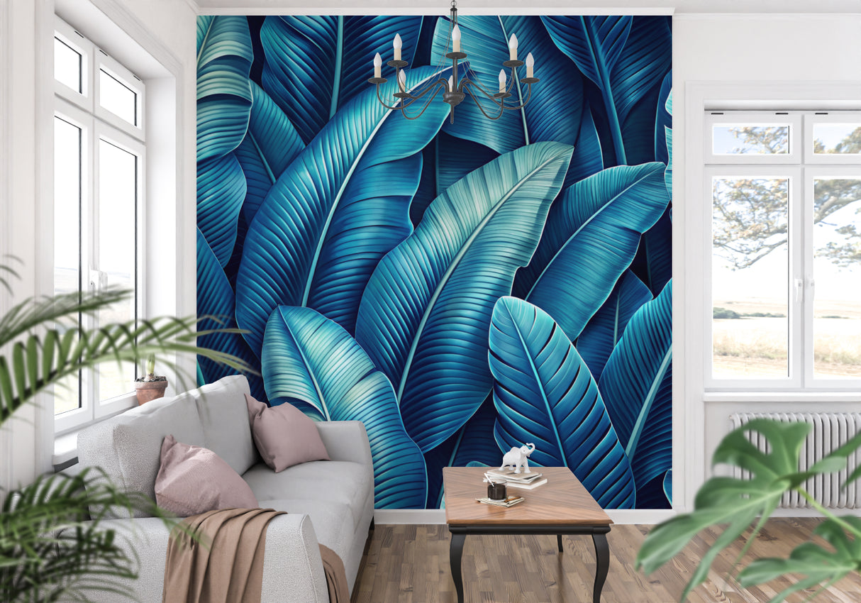 Blue tropical leaf wallpaper enhancing dining room with dramatic scale